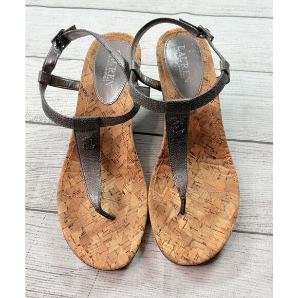 Lauren Ralph Lauren Reeta Buckle T-Strap Cork Wedge Sandals Silver Size 9.5B - Picture 5 of 7